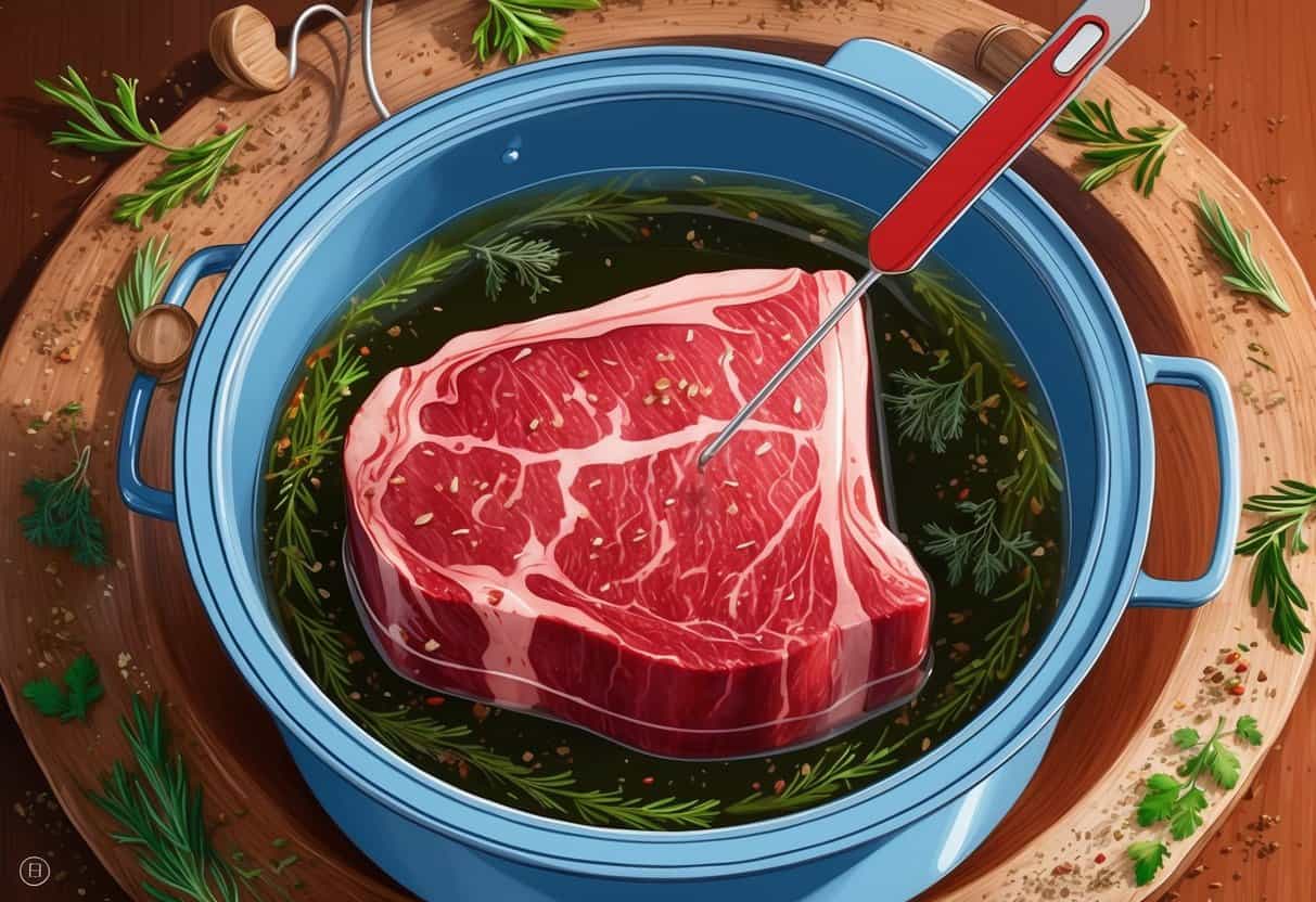 En biff nedsänkt i ett sous vide-bad, omgiven av örter och kryddor, med en termometer insatt i köttet