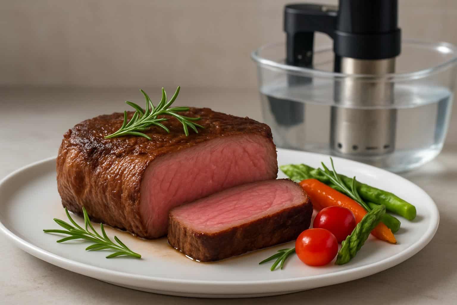 En tallrik med en skivad entrecote med grönsaker och en sous vide-maskin i bakgrunden på ett köksbord.