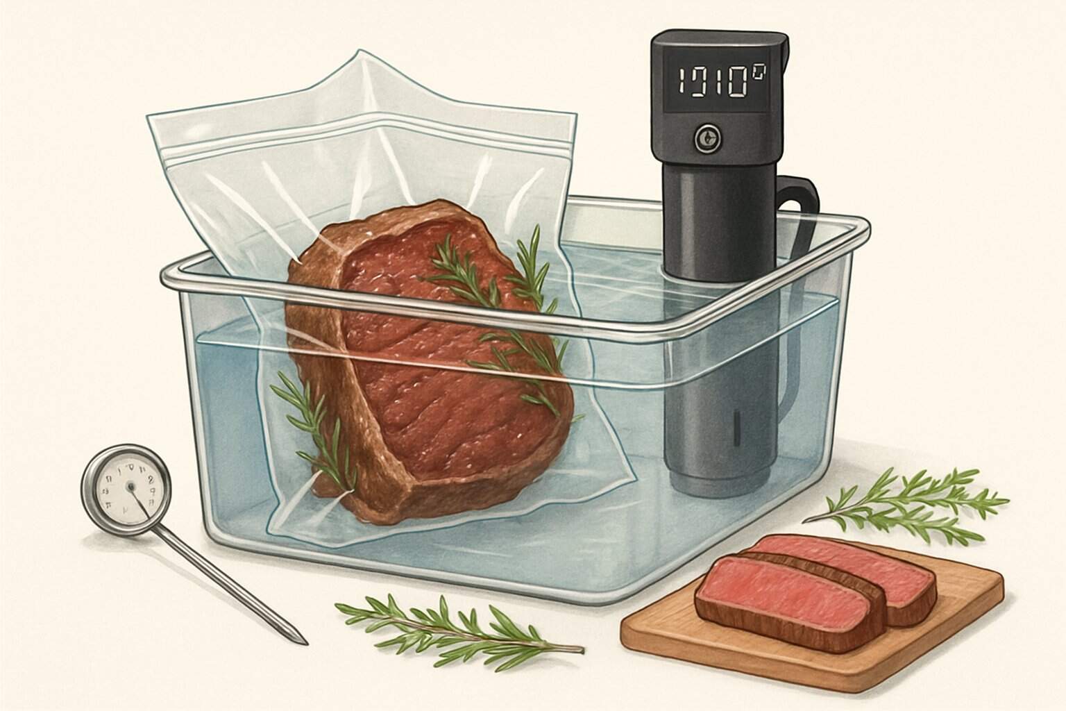 En illustration som visar en vakuumförseglad ryggbiff i ett vattenbad med sous vide-temperaturkontroll och skivad köttbit på en skärbräda med färska örter.