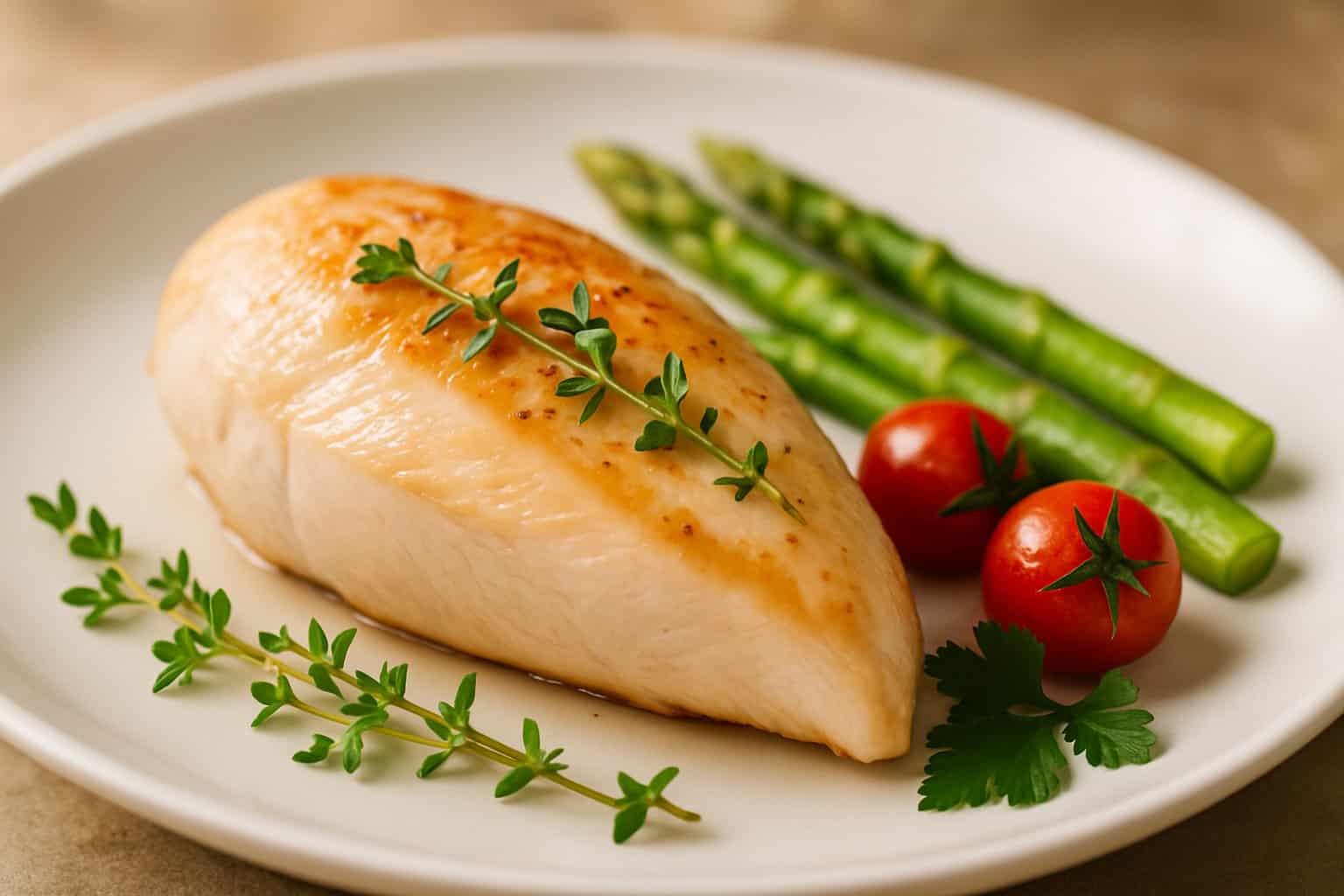 En tallrik med en saftig kycklingbröstfilé tillagad sous vide, garnerad med färska örter och grönsaker.