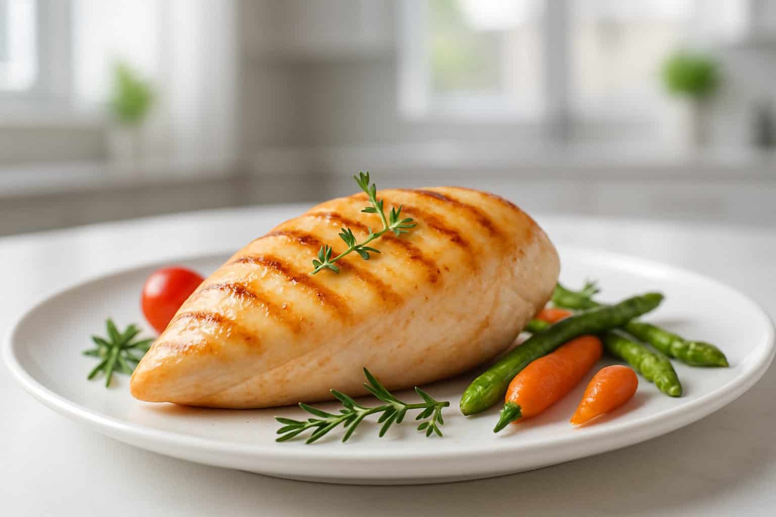 En tallrik med en perfekt tillagad kycklingbröstfilé med färska örter och grönsaker på ett bord i ett kök.