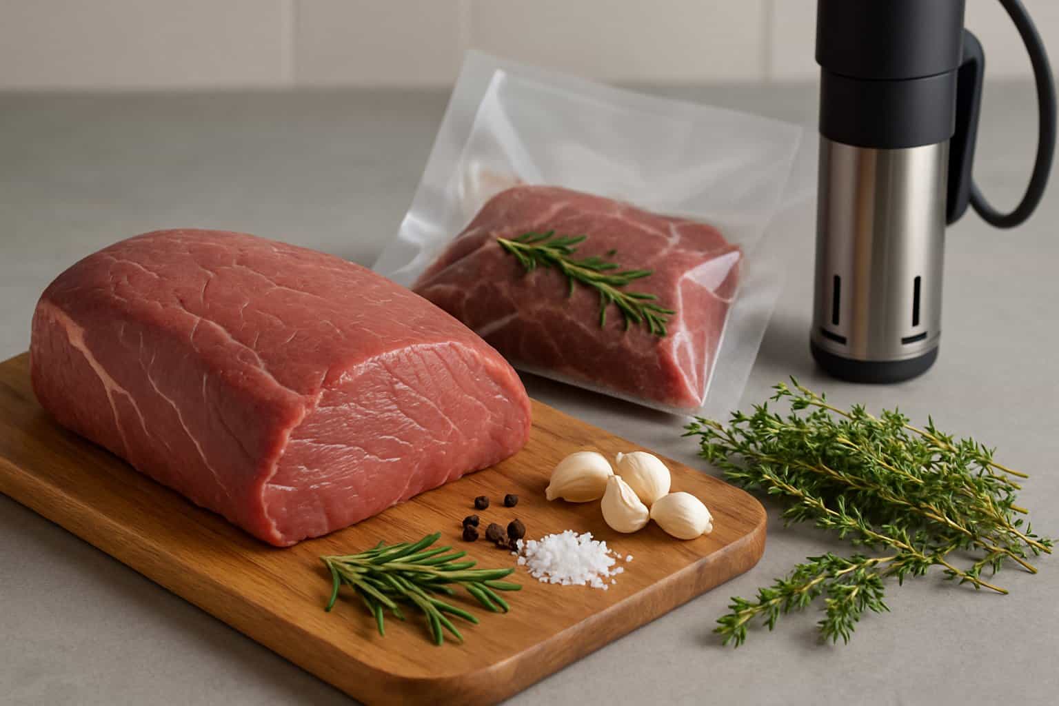 Ingredienser för Fransyska sous vide på en skärbräda med färska örter, vitlök och kryddor i ett kök.