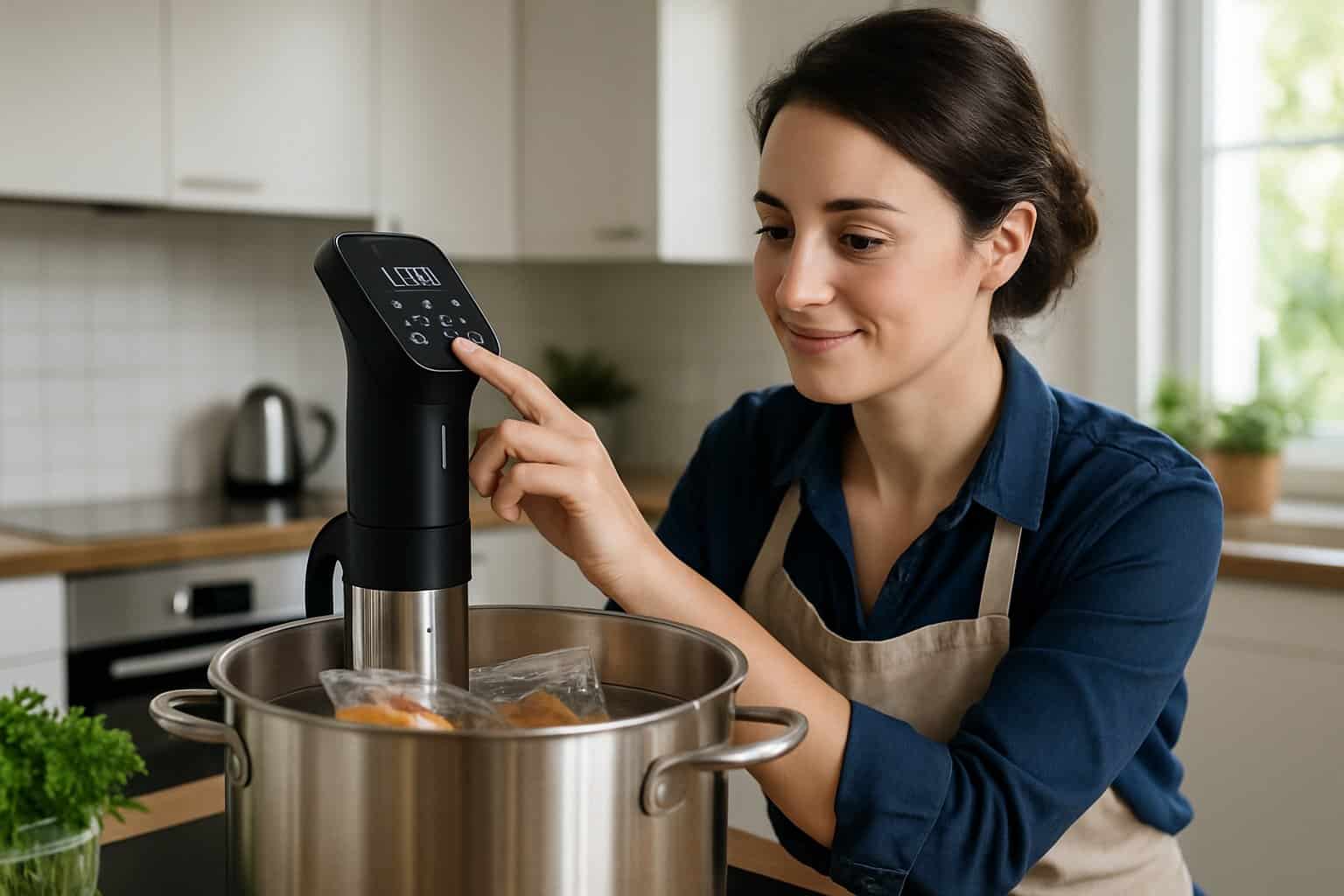 En fransk kvinna som lagar mat med sous vide i ett modernt kök, justerar temperaturen på en sous vide-enhet.