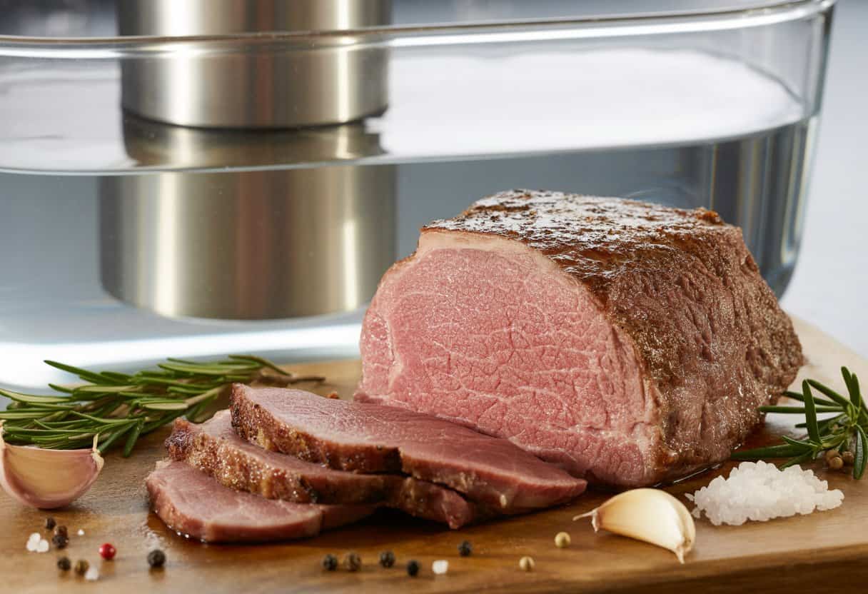 Ett skivat stycke högrev tillagat med sous vide på en träskärbräda med färska kryddor runtomkring och en sous vide-maskin i bakgrunden.