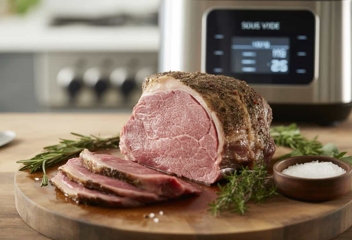 En skivad sous vide högrev på en träskärbräda med färska örter och en digital sous vide-maskin i bakgrunden.
