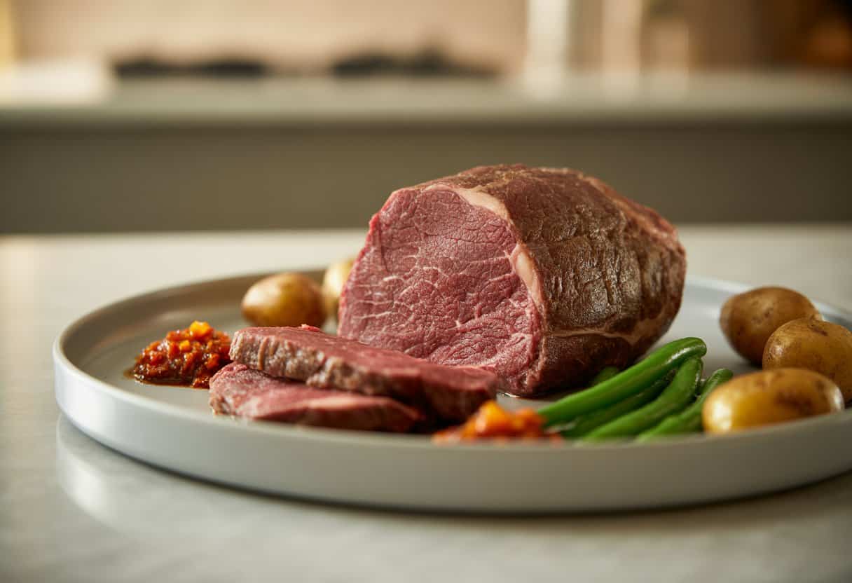 En tallrik med skivad sous vide tillagad högrev med tillbehör som potatis och gröna bönor på ett bord.