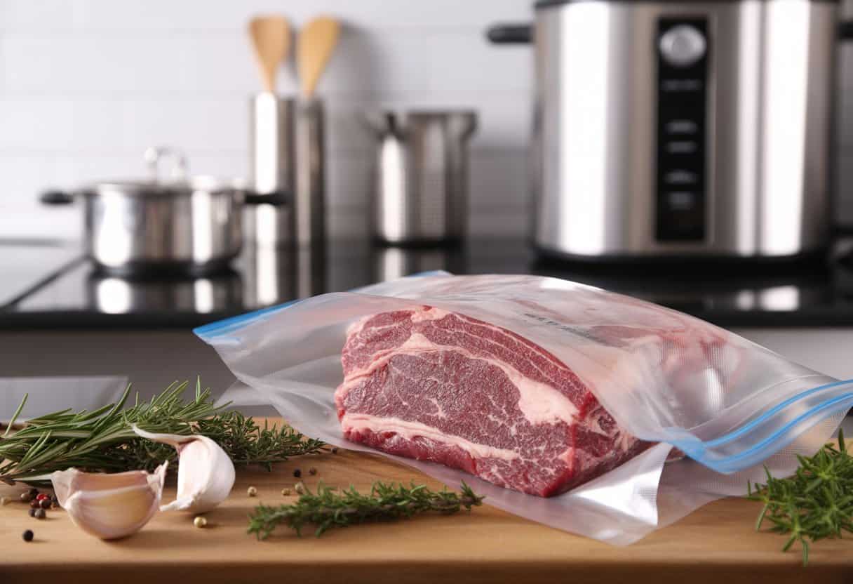 Rå bringa förberedd för sous vide med färska örter och vitlök på en skärbräda i ett kök.