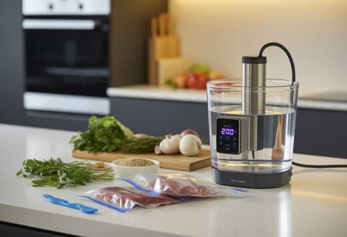 Ett kök med en sous vide-maskin som värmer en vattenbad med vakuumförpackad mat på en bänk.