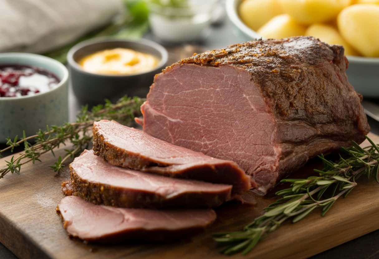 Skivad tjälknöl på en träskärbräda med färska örter och små skålar med tillbehör runtomkring.