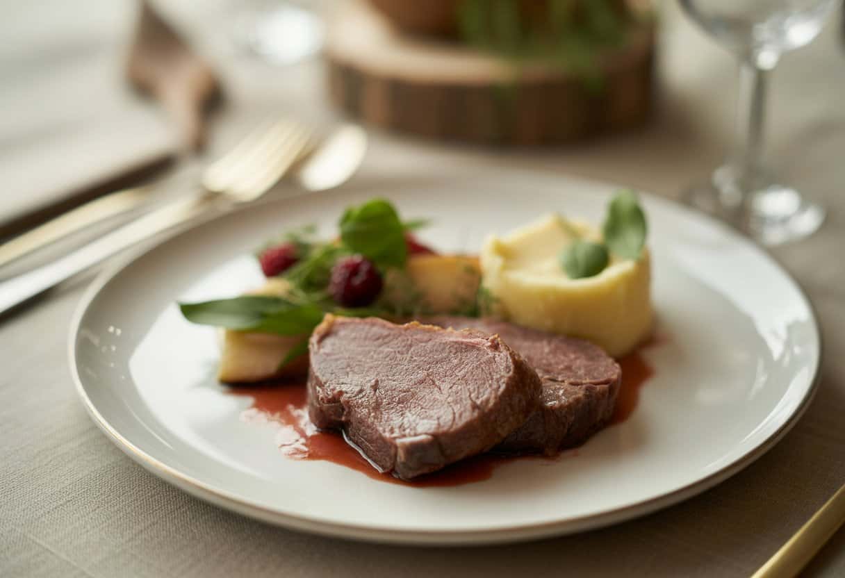 En tallrik med skivad tjälknöl sous vide med potatismos och lingon på ett dukat bord.