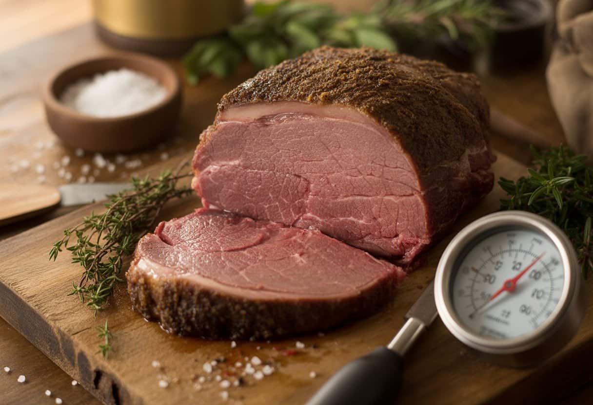 En skiva tjälknöl på en träskärbräda med färska örter och en kötttermometer bredvid.