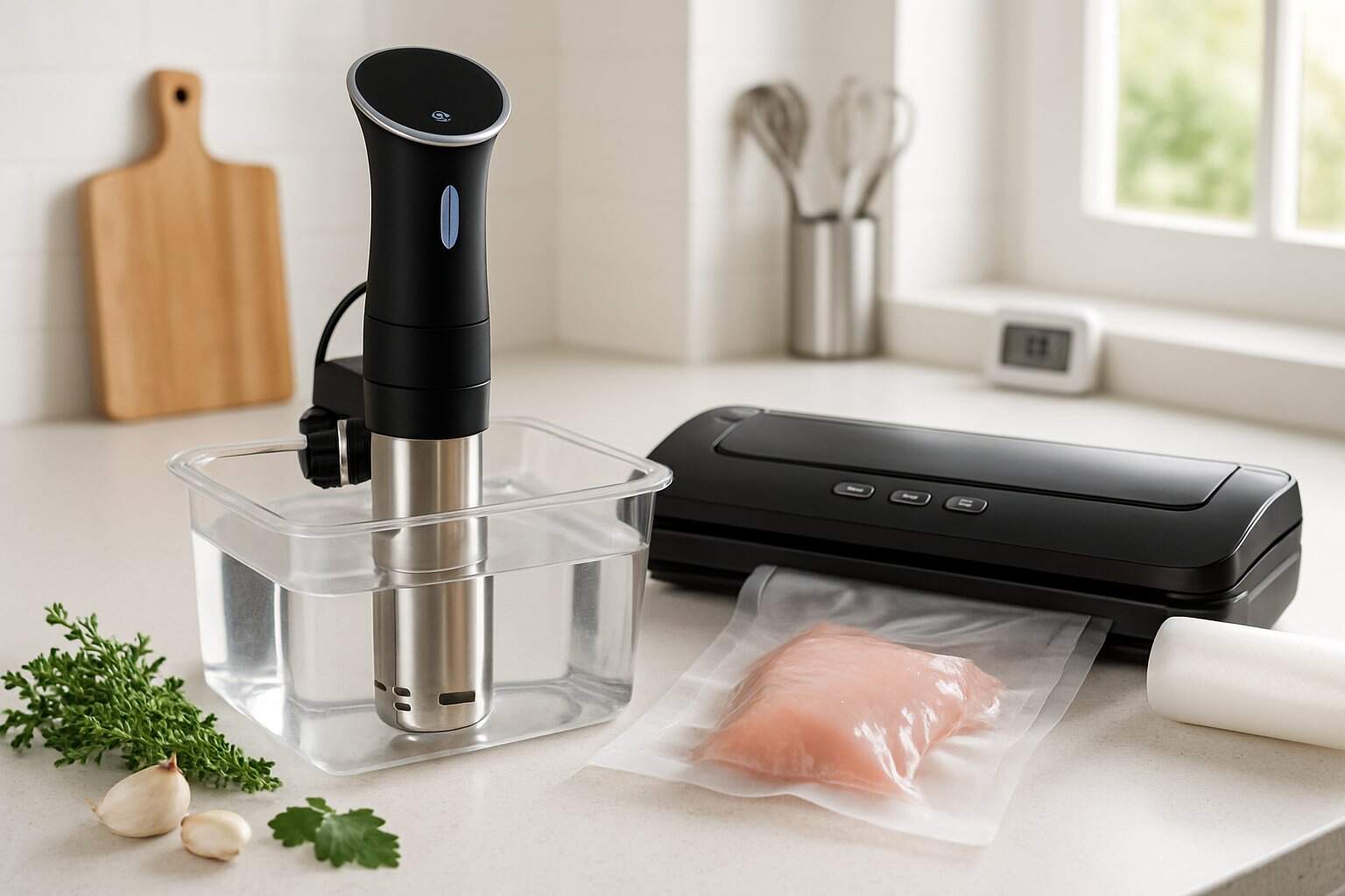 En köksbänk med utrustning för sous vide hemma, inklusive en sous vide-cirkulator i en vattentank, vakuumförseglare, vakuumpåsar och färska ingredienser.