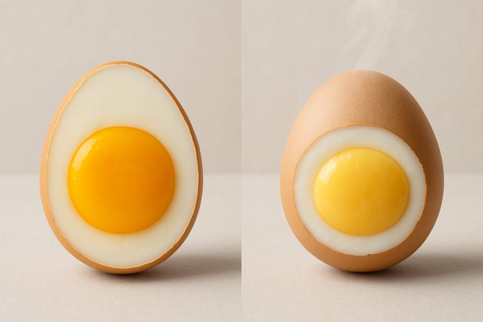 Ett ägg uppdelat i två delar som visar dess anatomi och förändringar efter sous vide-tillagning.