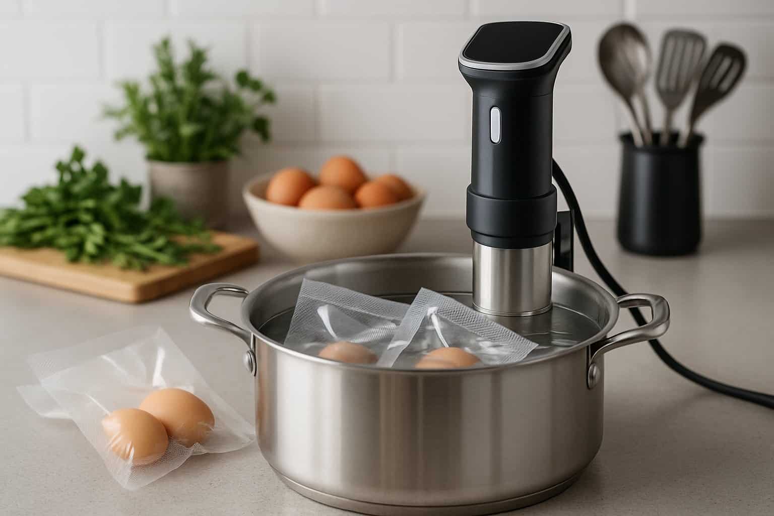 Sous vide-utrustning och vakuumförseglade ägg som tillagas i ett vattenbad på en köksbänk.