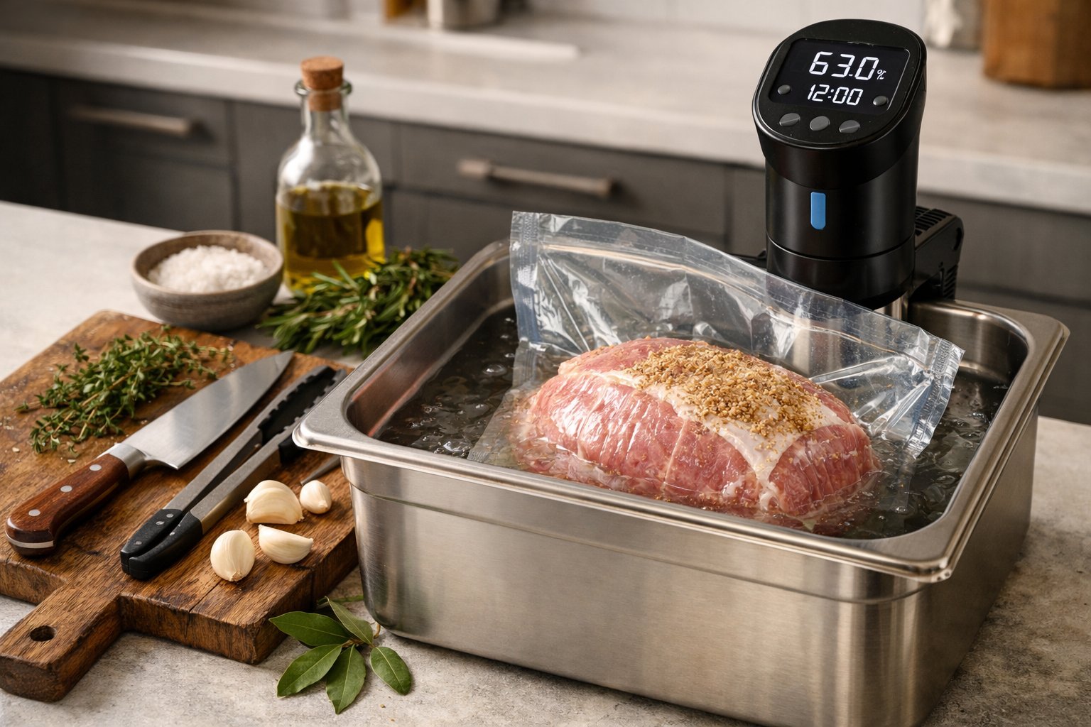 En köksscen med en julskinka i vakuumpåse som tillagas i sous vide, omgiven av kryddor och köksredskap på en bänkskiva.