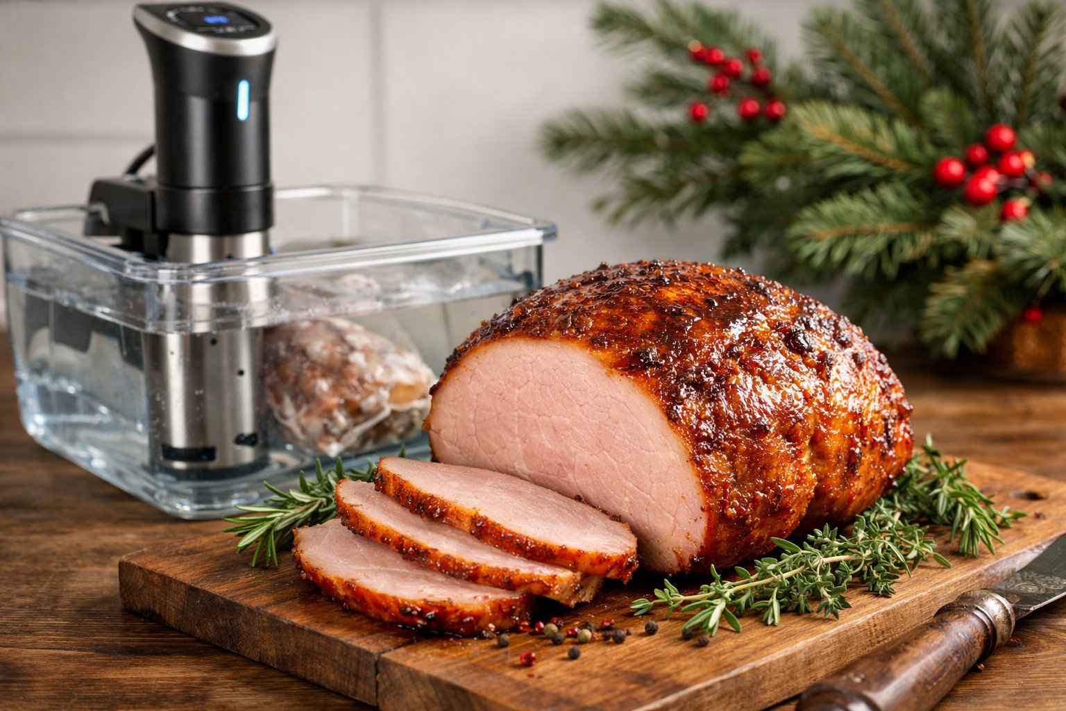 En perfekt tillagad julskinka på en skärbräda med färska örter och en sous vide-maskin i bakgrunden i ett kök med juldekorationer.