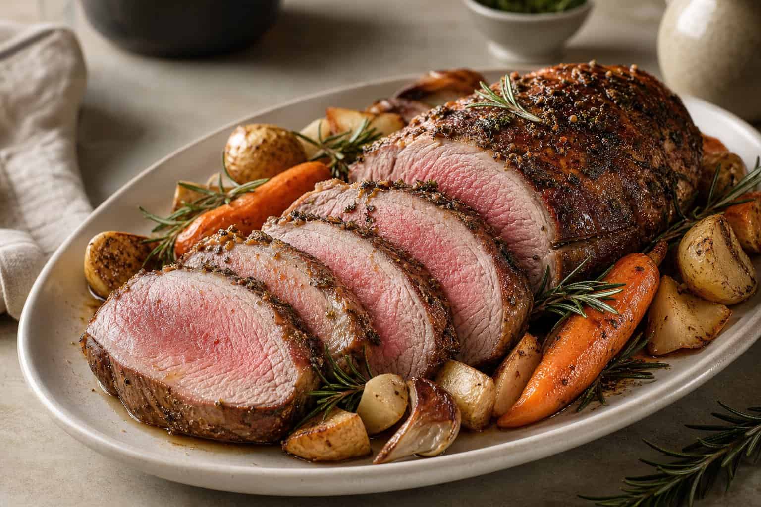 Skivad sous vide-tillagad lammstek med rostade rotfrukter, potatis och rosmarin på ett serveringsfat.