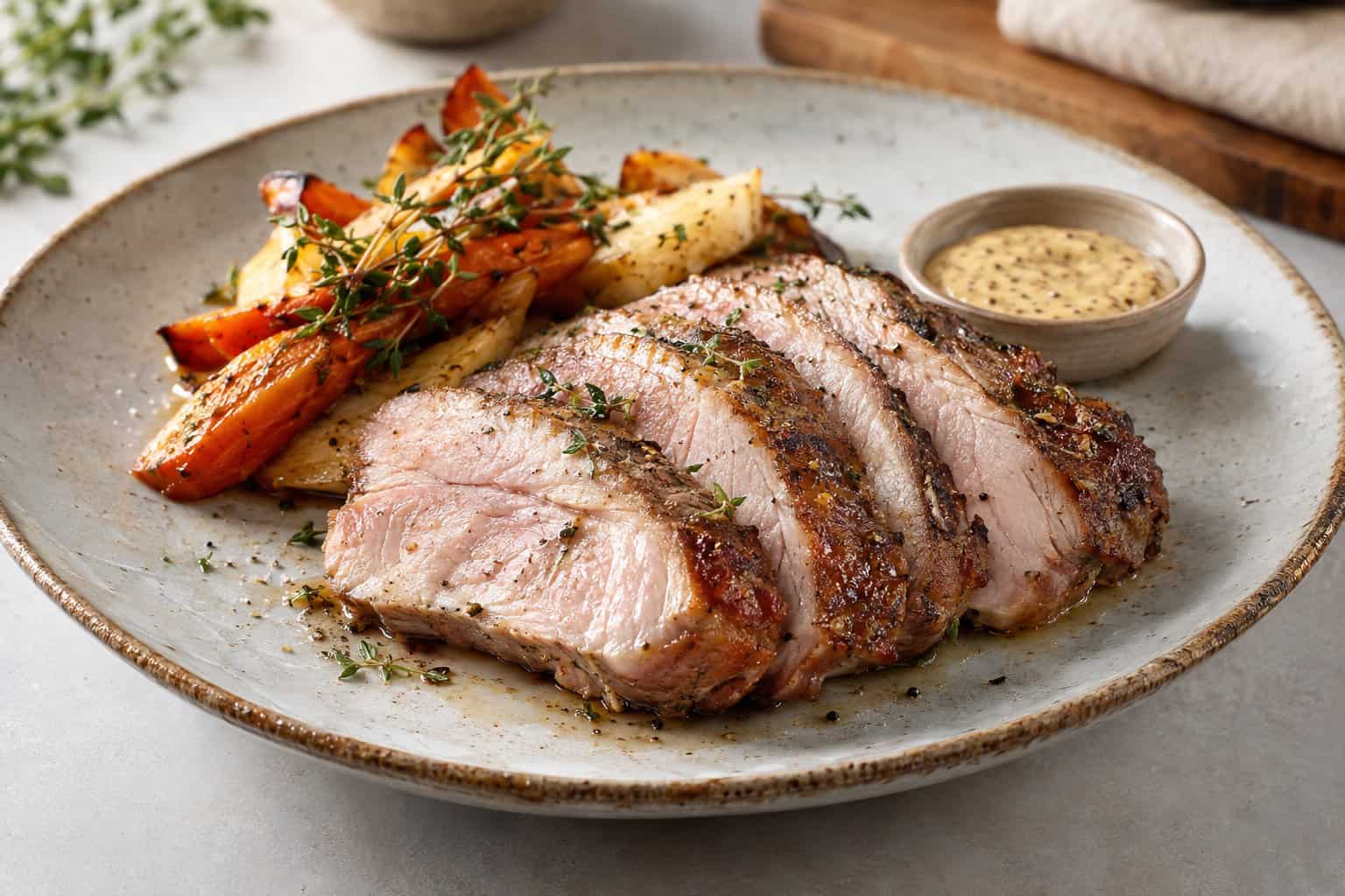 Skivad sous vide-tillagad fläskkarré med rostade rotfrukter på en tallrik.