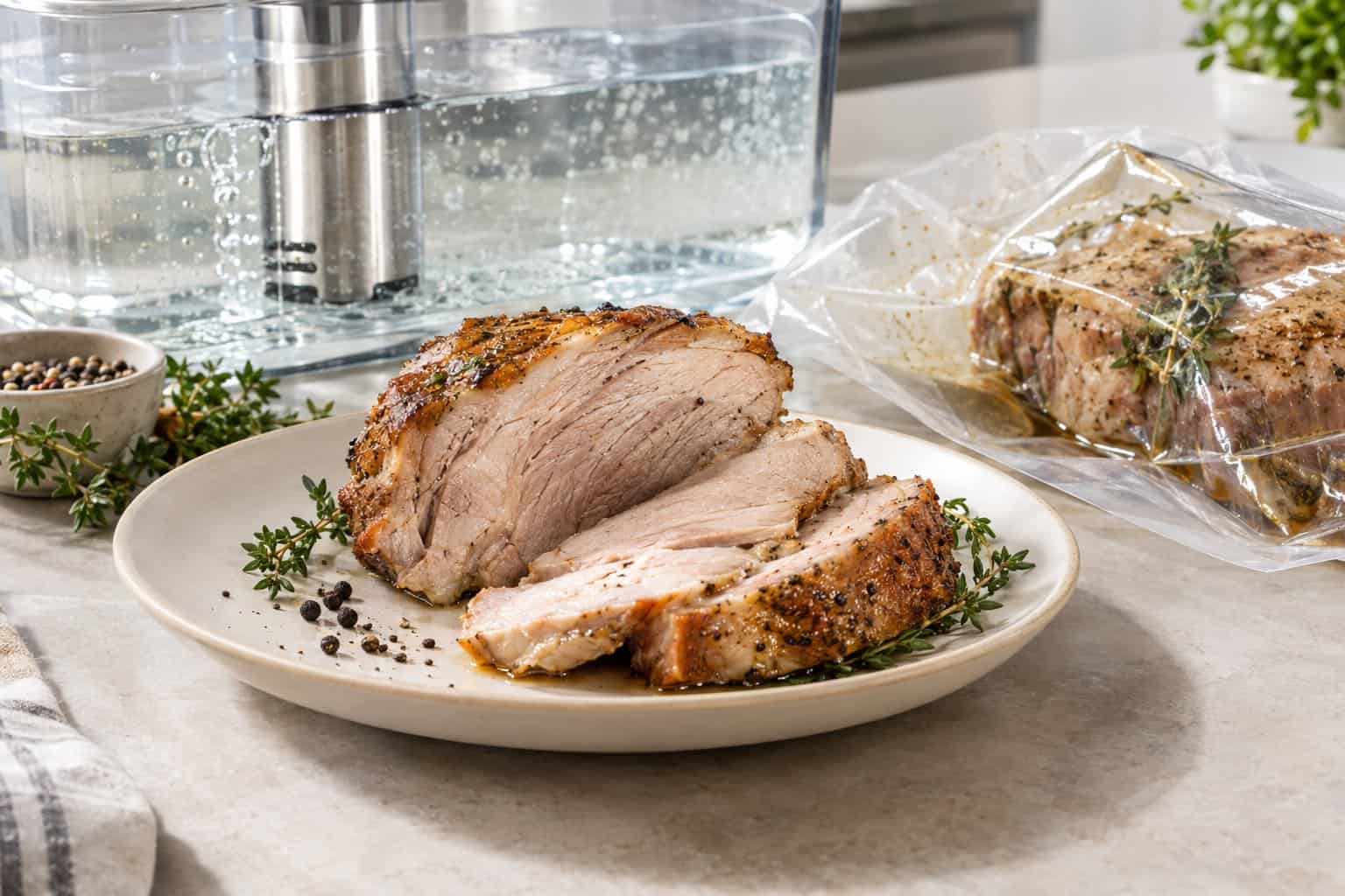 Skivad sous vide-tillagad fläskkarré med saftigt innanmäte på en tallrik bredvid en vakuumpåse i ett vattenbad.