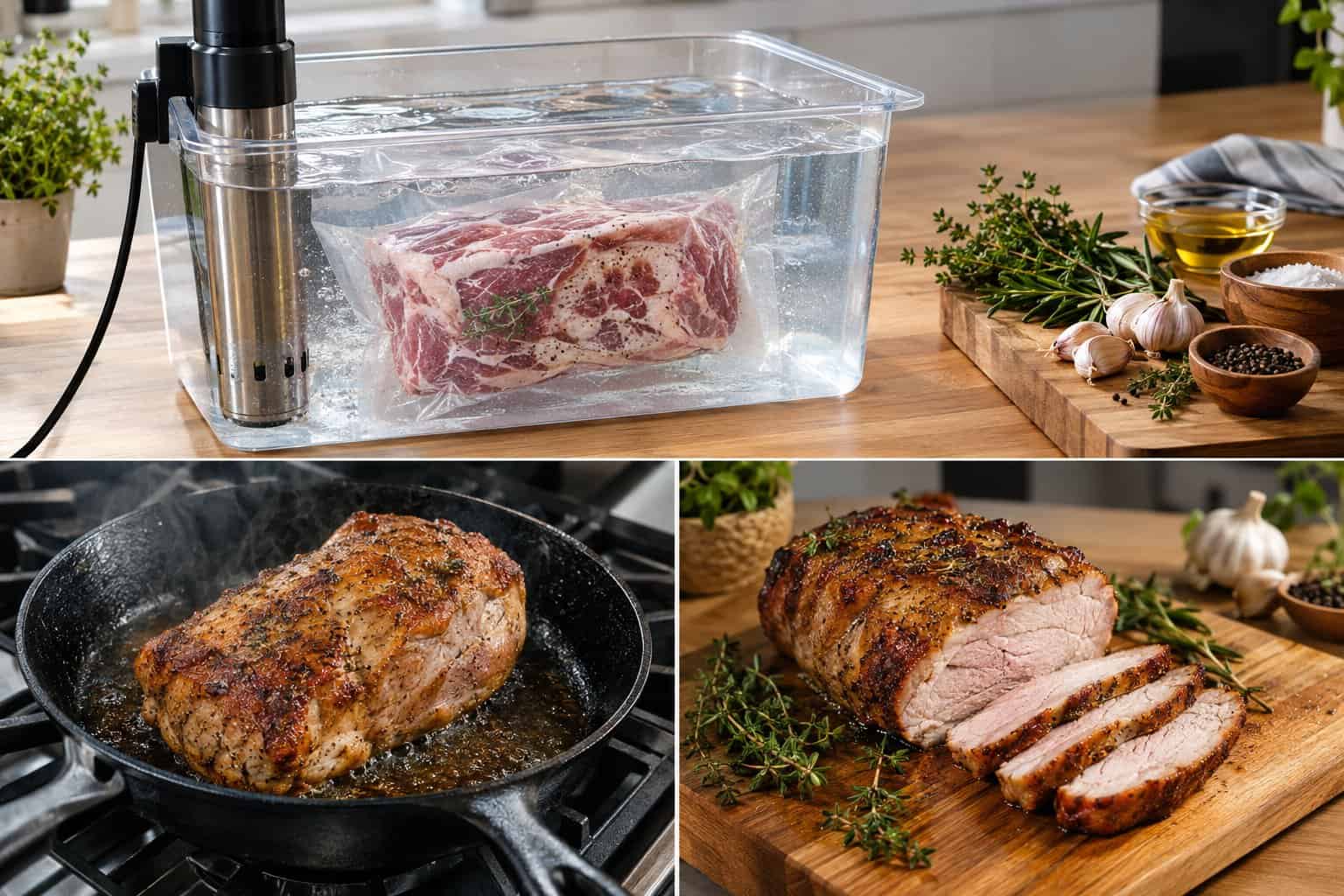 Sous vide-tillagad fläskkarré förbereds i ett vattenbad med örter, vitlök och kryddor.