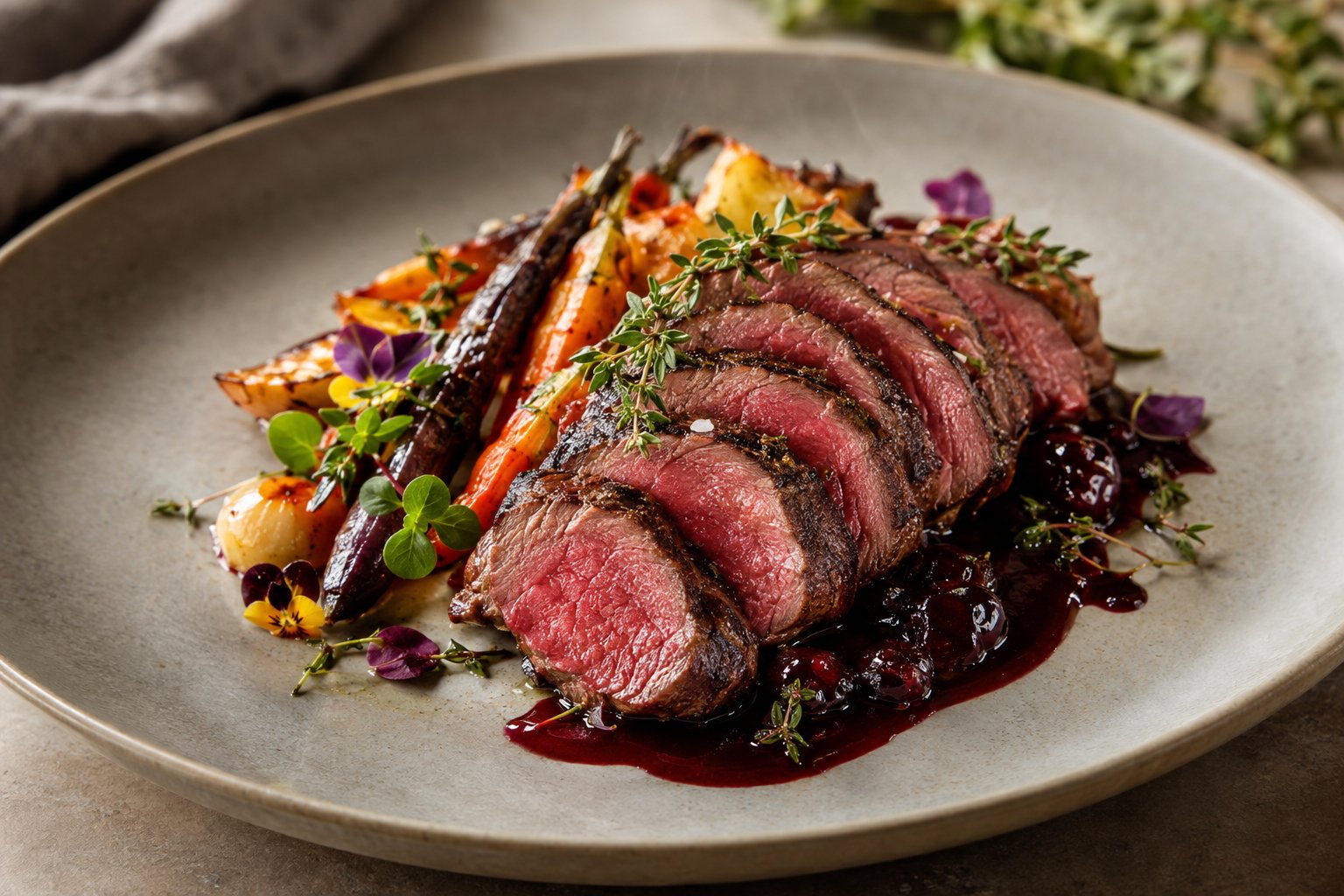 Skivor av sous vide-tillagat hjortkött serverade med rotfrukter, örter och mörk bärsås på en tallrik.