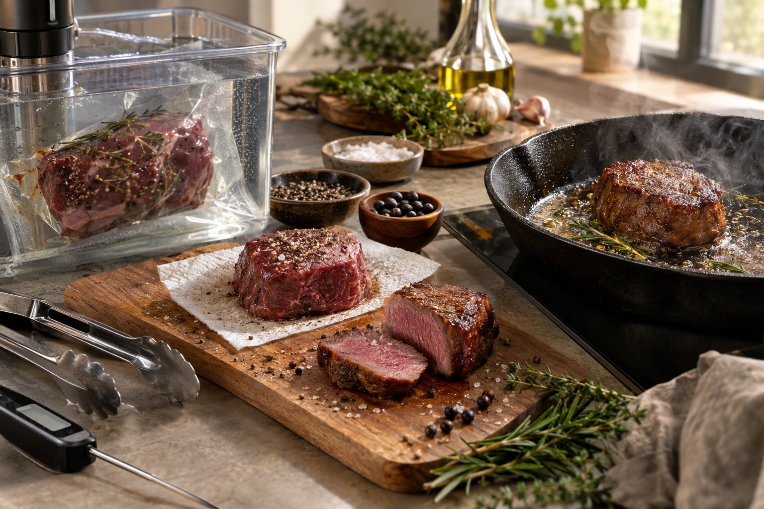 Hjortkött tillagas sous vide och bryns i en stekpanna med örter och kryddor.