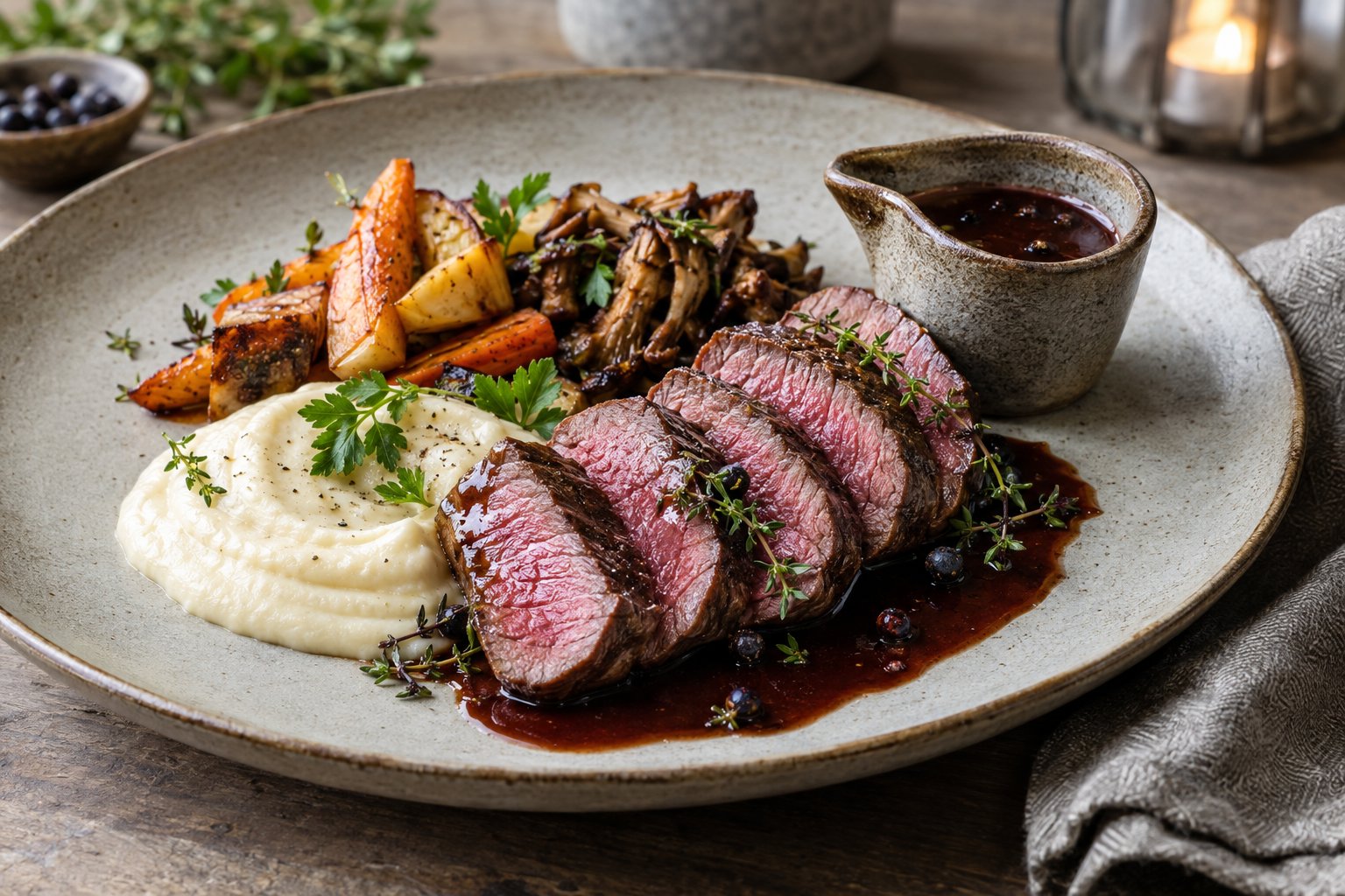 Skivad sous vide-tillagad hjort med viltsås, rotsakspuré, rostade grönsaker och svamp på en tallrik.