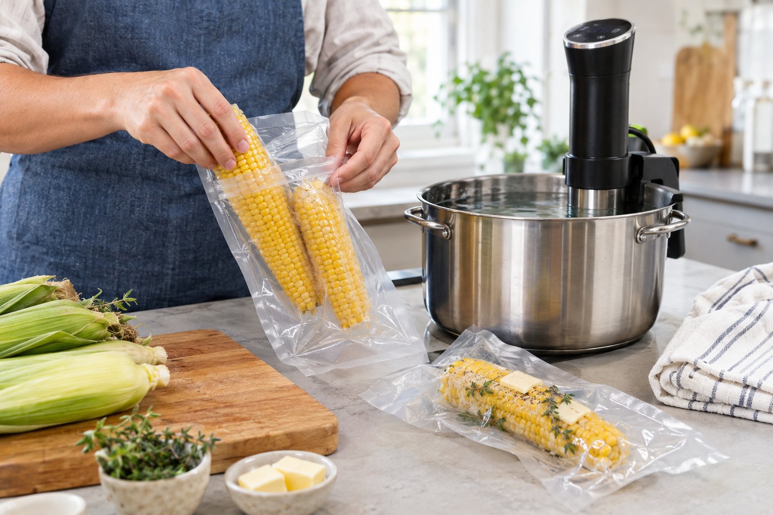 Händer förbereder majskolvar i en vakuumpåse bredvid en sous vide-cirkulator.