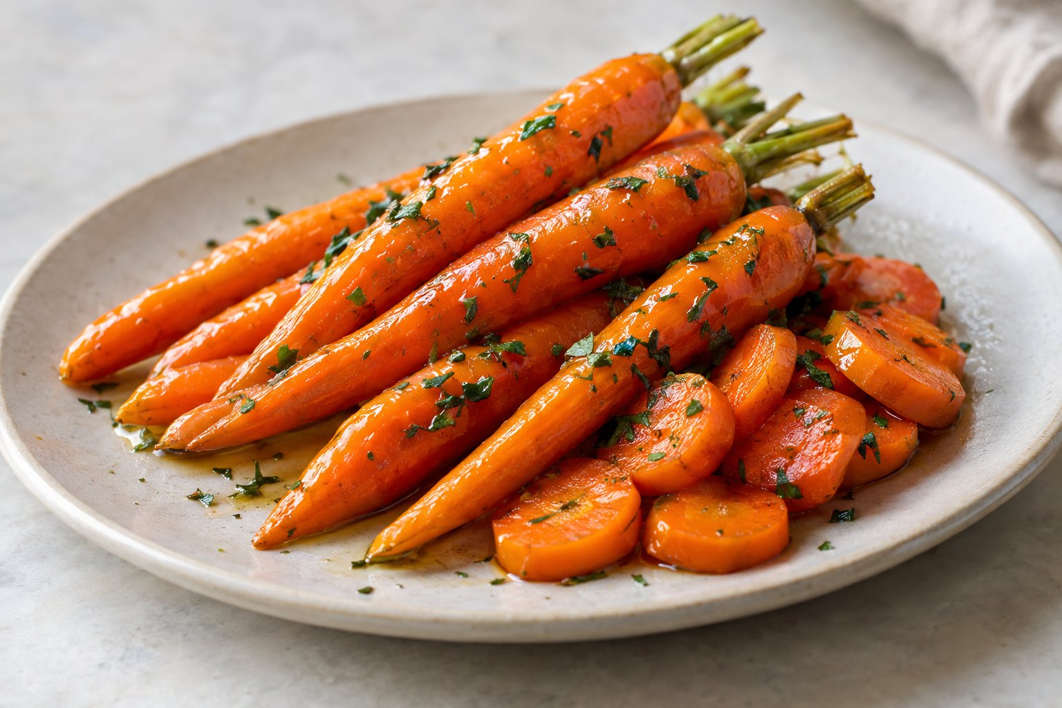 Sous vide-tillagade morötter med färska örter på en tallrik.