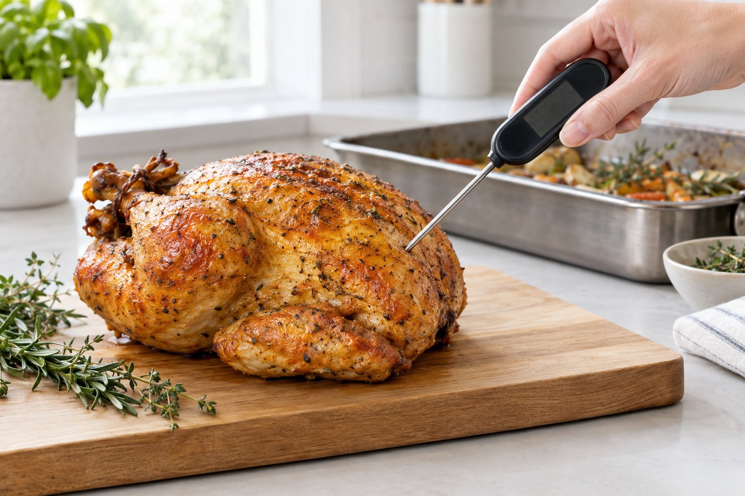 En hand mäter temperaturen på en hel, ugnsstekt kyckling med en köttermometer.