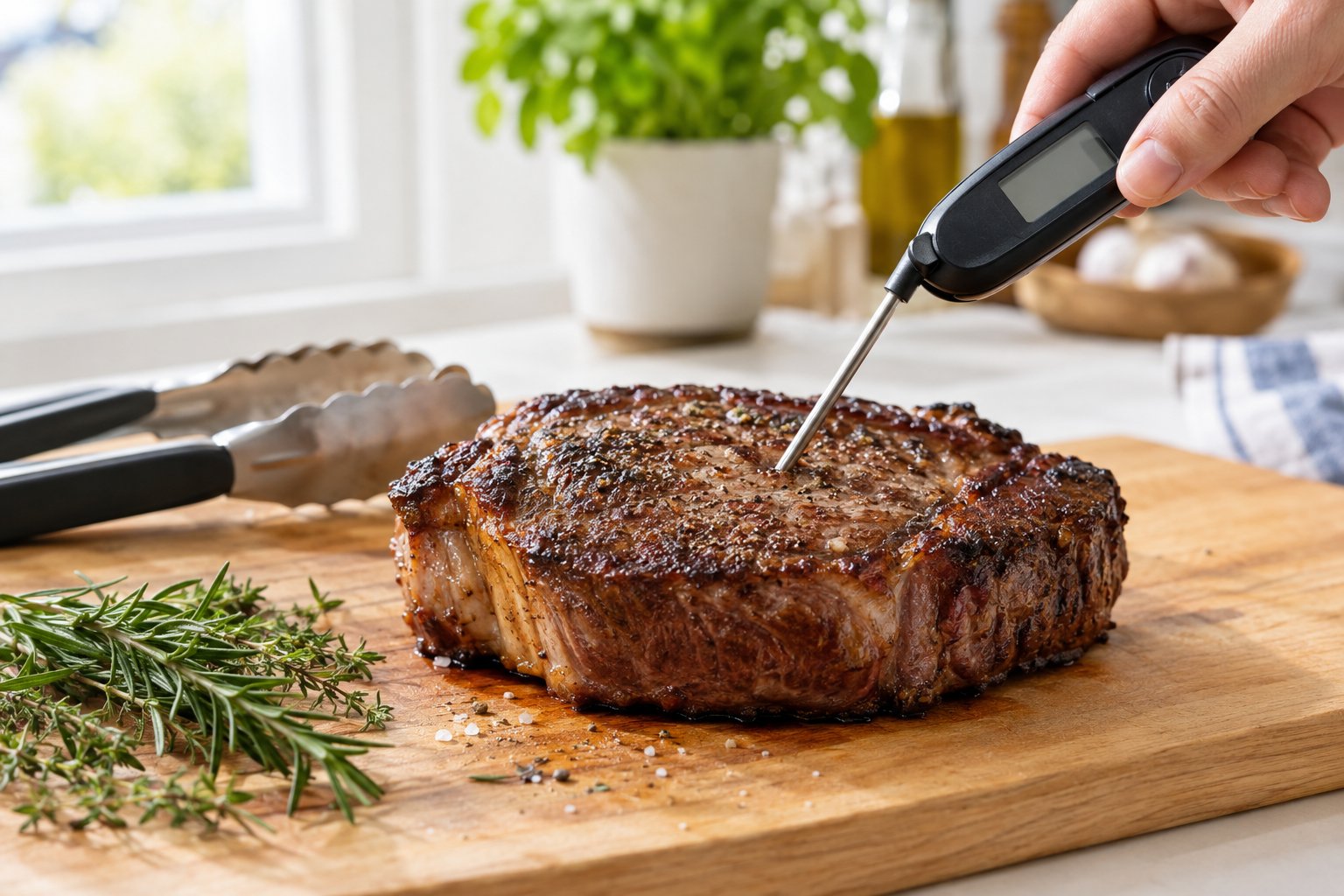 En stek på en skärbräda med en köttermometer instucken i köttet.