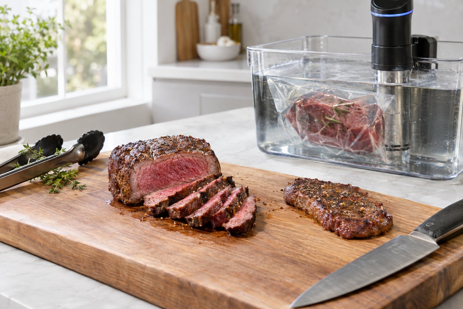 En skivad nötköttsbit med rosa mitt på en skärbräda bredvid ett sous vide-bad.