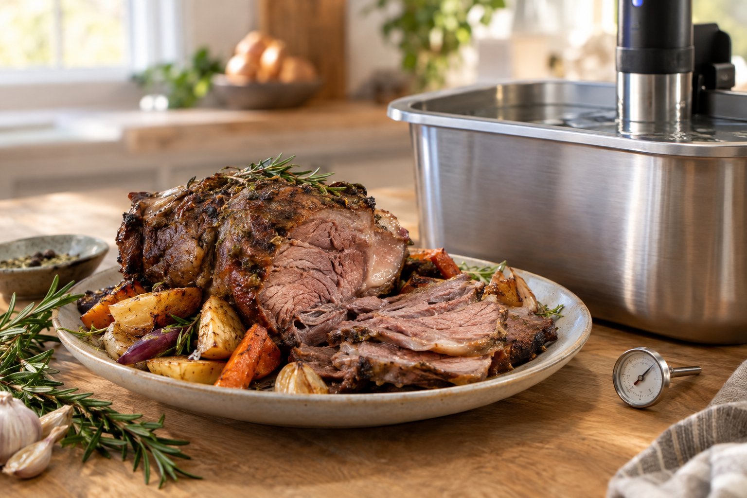 Skivad, mör lammbog på en tallrik bredvid ett sous vide-bad.