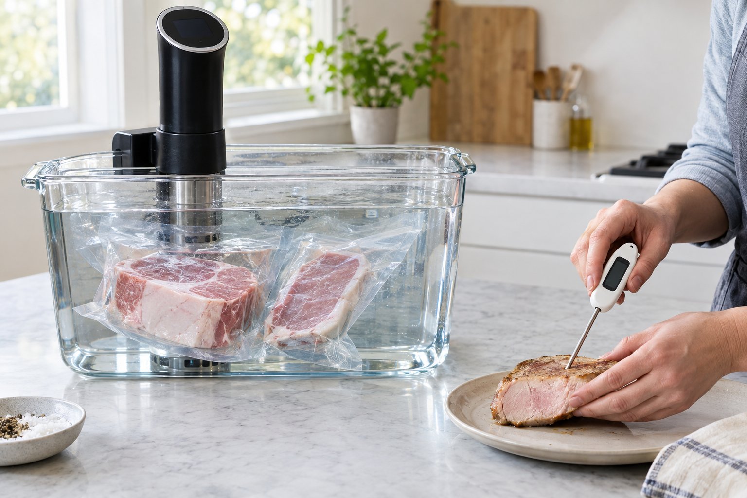 En tjock och en tunn bit fläskkött tillagas i vakuumpåsar i ett sous vide-vattenbad.