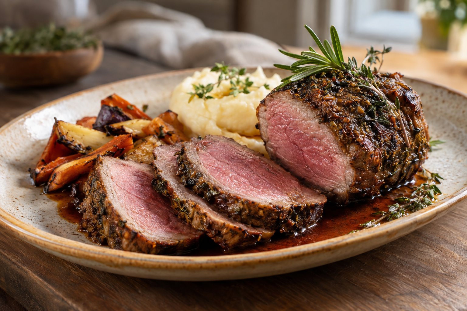 Skivad sous vide-tillagad lammrostbiff med rotfrukter och sås.
