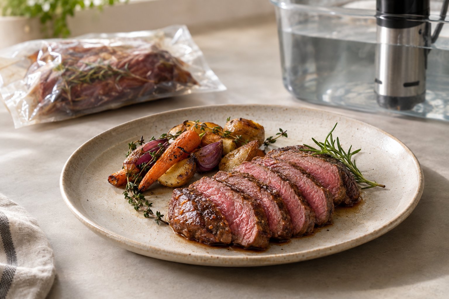 Skivad lammrostbiff på en tallrik med sous vide-utrustning i bakgrunden.