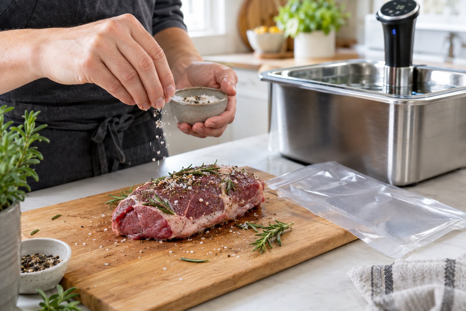 Händer kryddar en lammrostbiff på en skärbräda intill en sous vide-cirkulator.