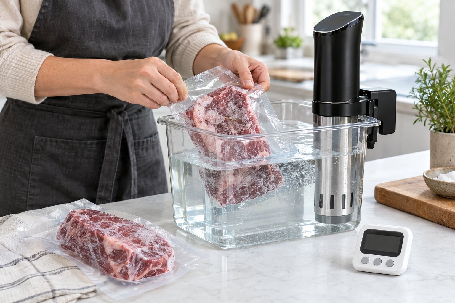En vakuumförpackad bit fryst nötkött förbereds i ett vattenbad med en sous vide-cirkulator.