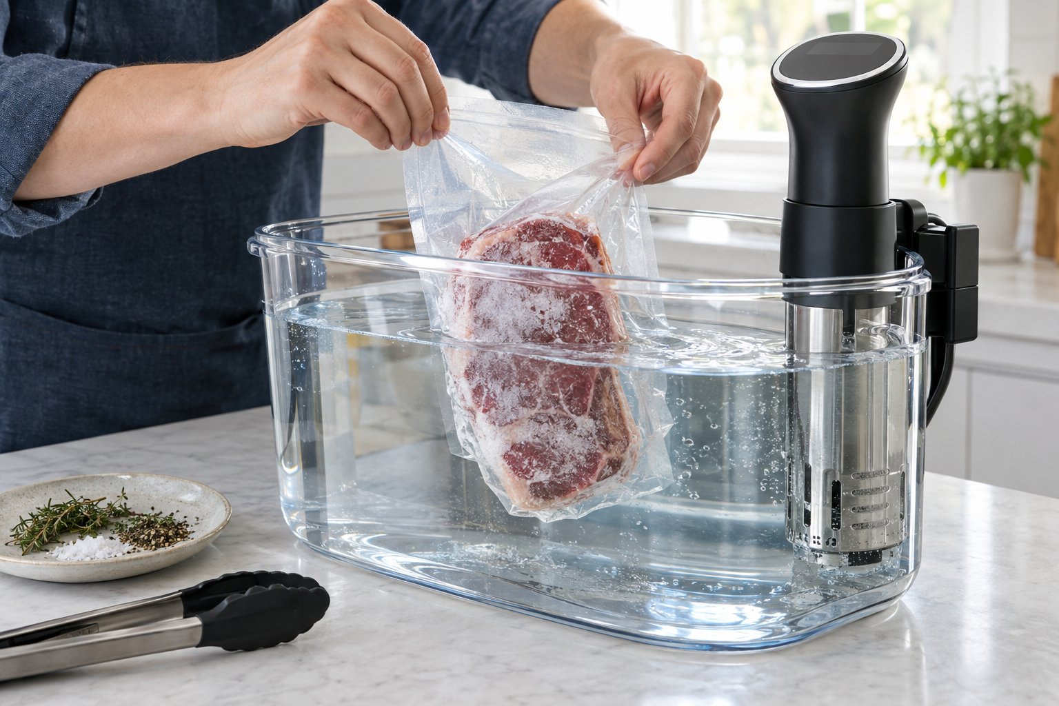 Händer sänker en försluten påse med fryst kött i ett vattenbad för sous vide.