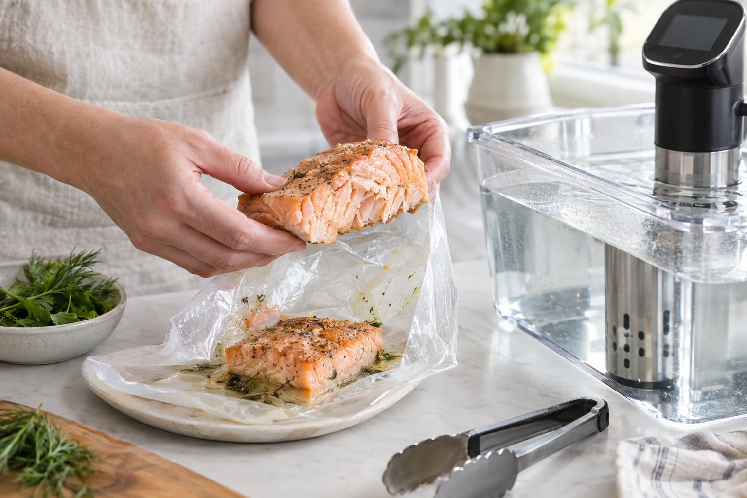 Händer lyfter en mör, tillagad laxfilé ur en sous vide-påse bredvid ett vattenbad.