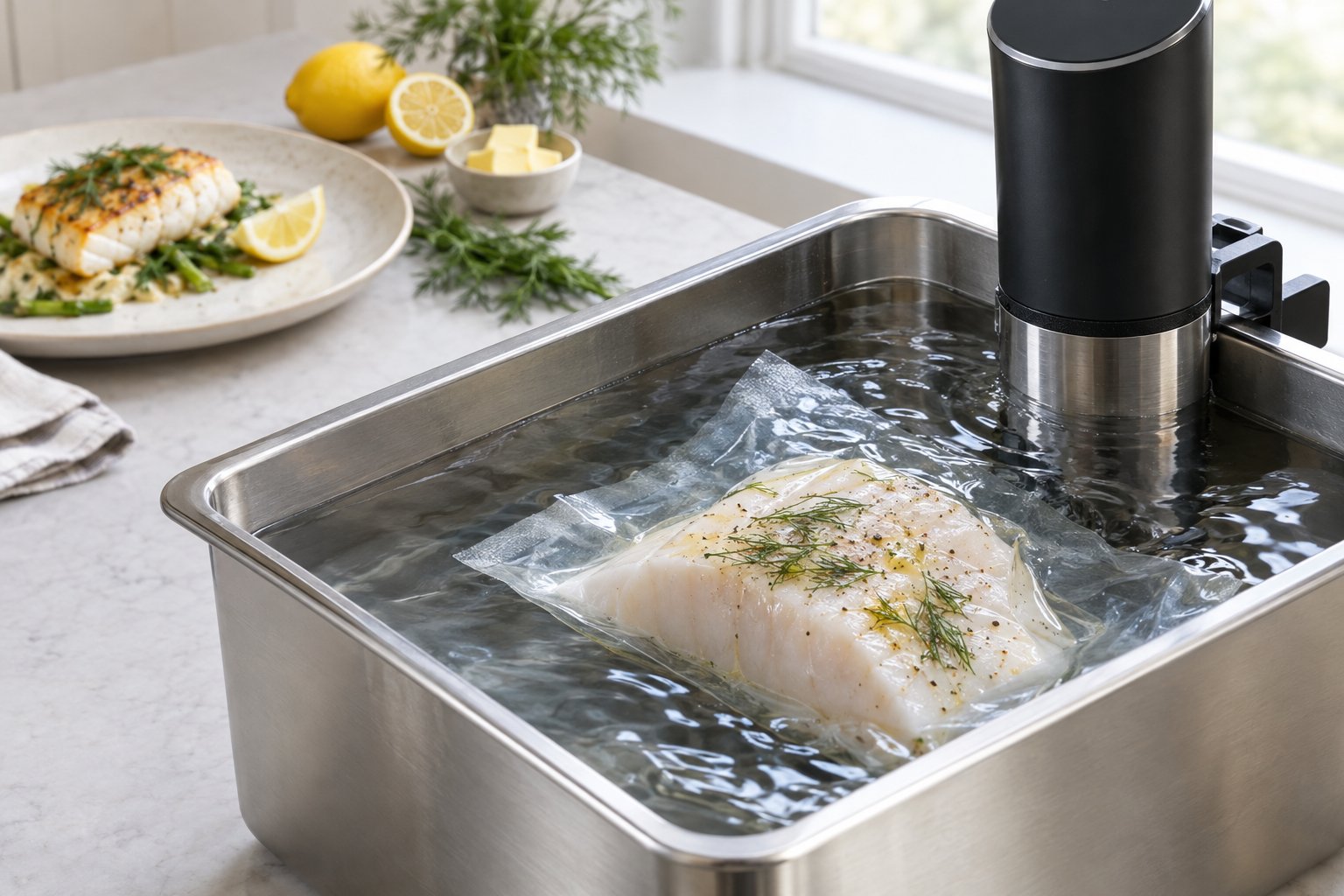 En vakuumförpackad hälleflundra tillagas i ett vattenbad med en sous vide-cirkulator.