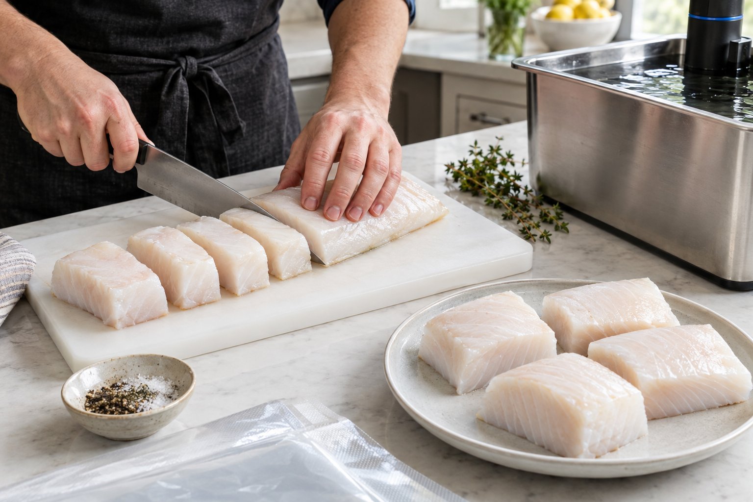En kock skär hälleflundra i jämnstora bitar inför sous vide-tillagning.