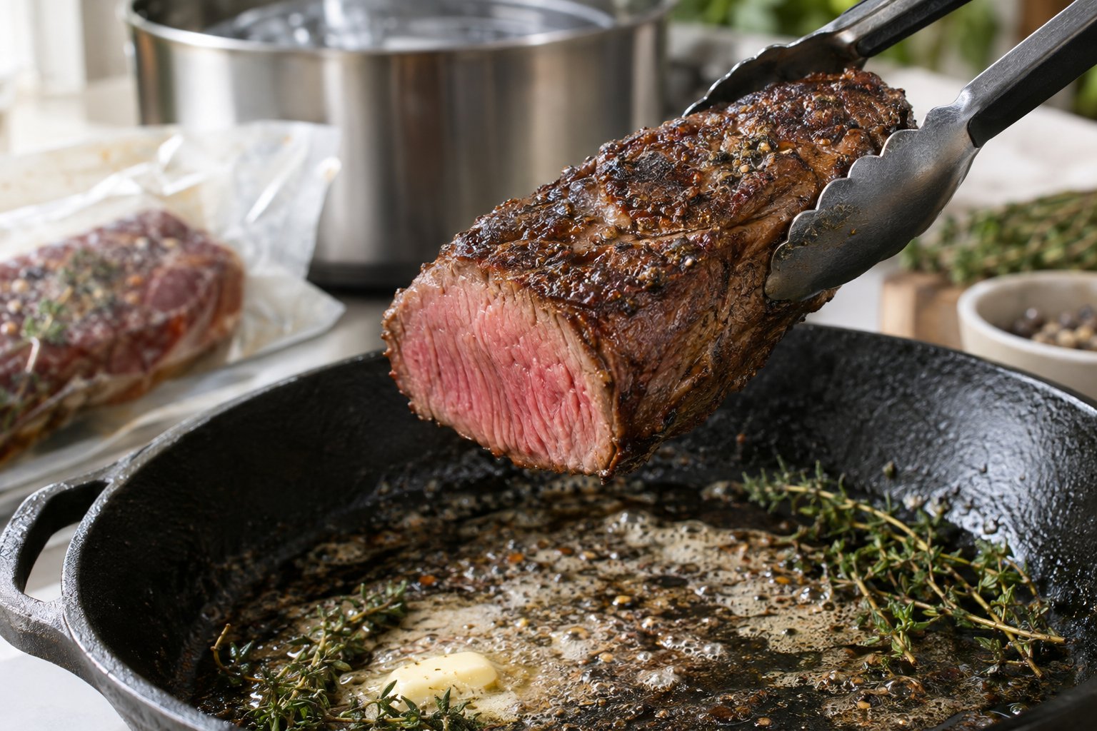 En brynt ryggbiff av älg lyfts ur en stekpanna med sous vide-utrustning i bakgrunden.