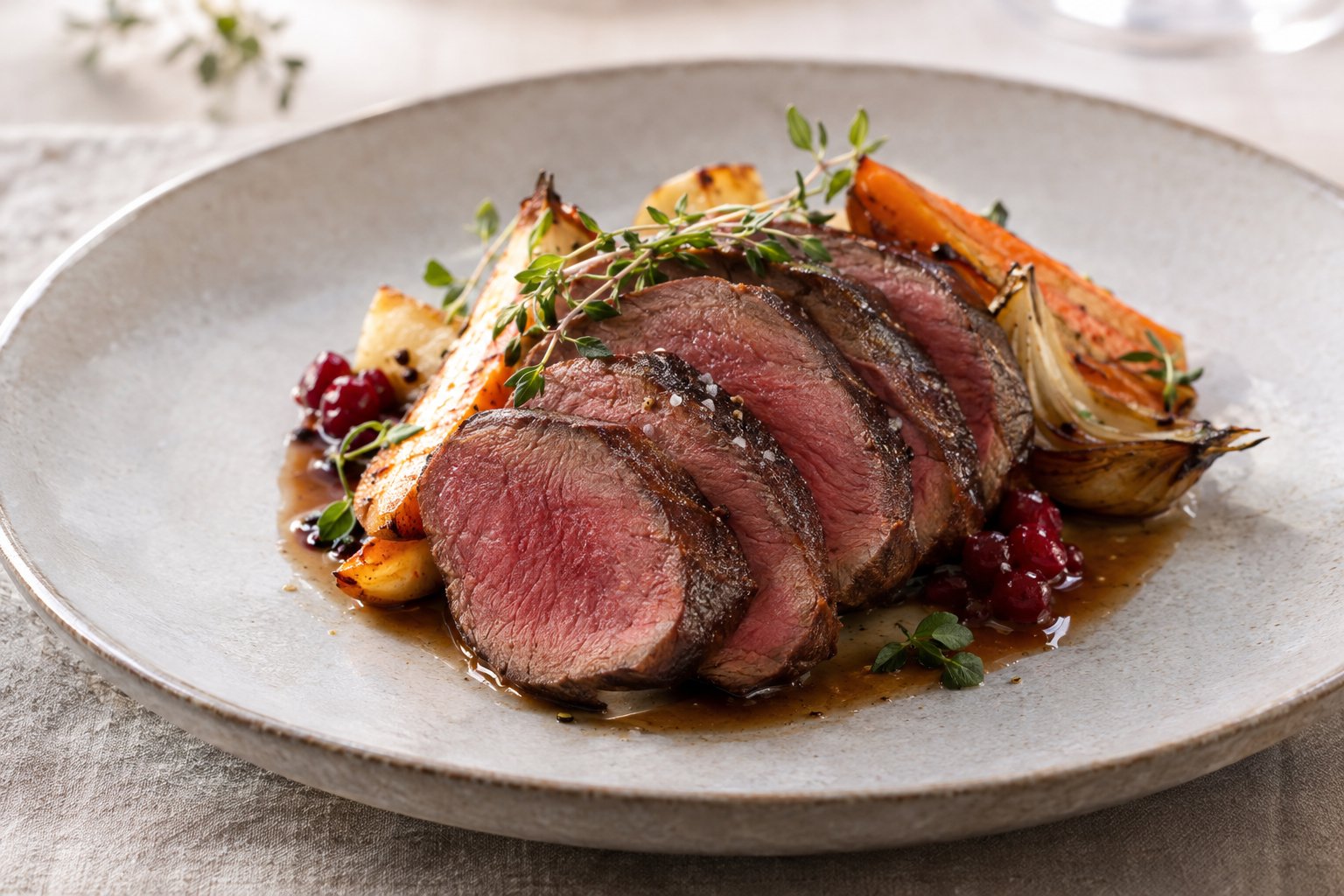 Skivad sous vide-tillagad älginnanlår serverad med rotfrukter och örter.