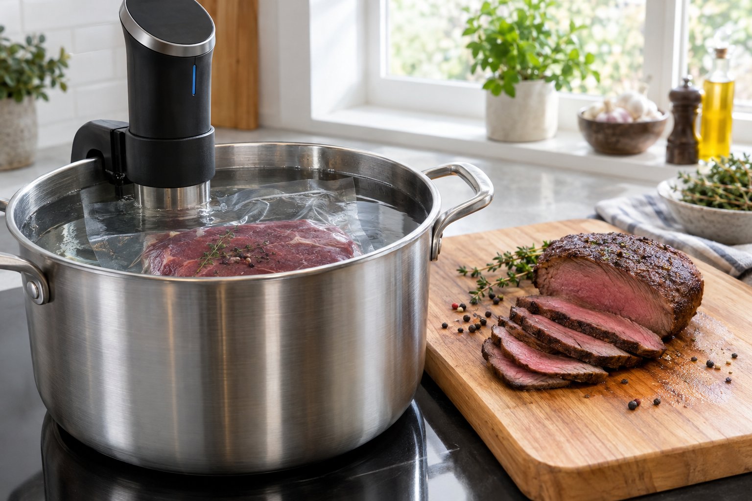 Älginnanlår i en vakuumpåse tillagas i ett vattenbad bredvid skivat, rosastekt kött.