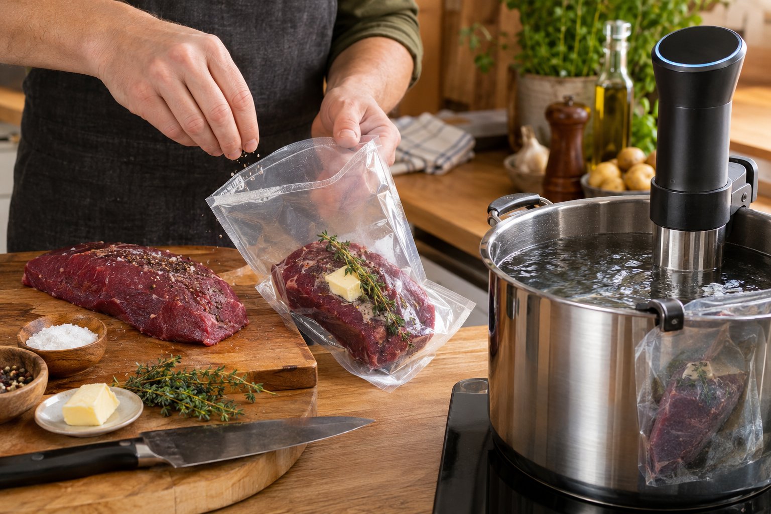 Händer förbereder en bit älginnanlår för sous vide i ett hemmakök.