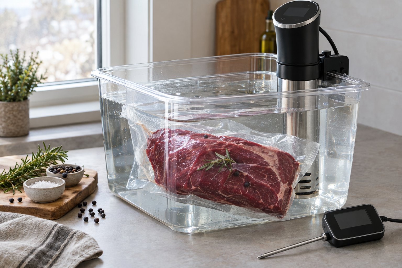 En vakuumförpackad älgfransyska tillagas i ett vattenbad med sous vide-cirkulator.