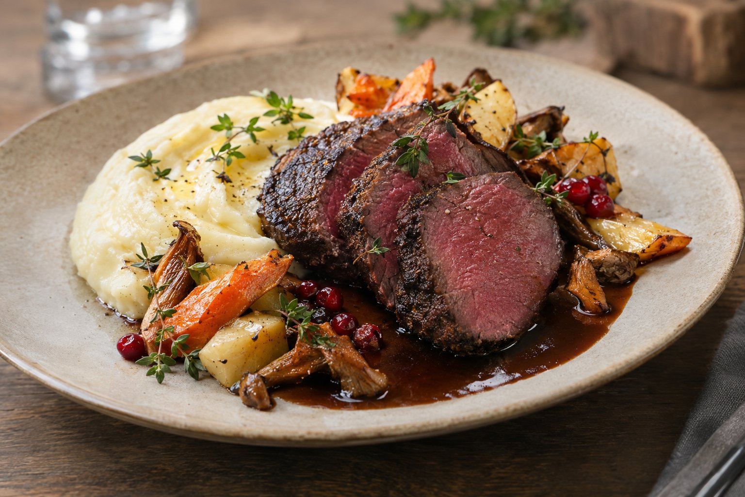 Skivad älgbogstek med potatispuré, rotfrukter, svamp och mörk viltsås.