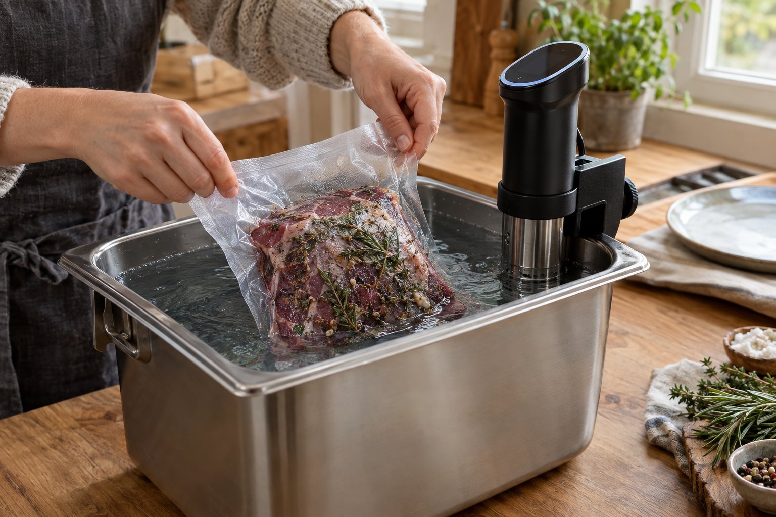 En älgbog i en vakuumpåse sänks ner i ett vattenbad med sous vide-cirkulator.