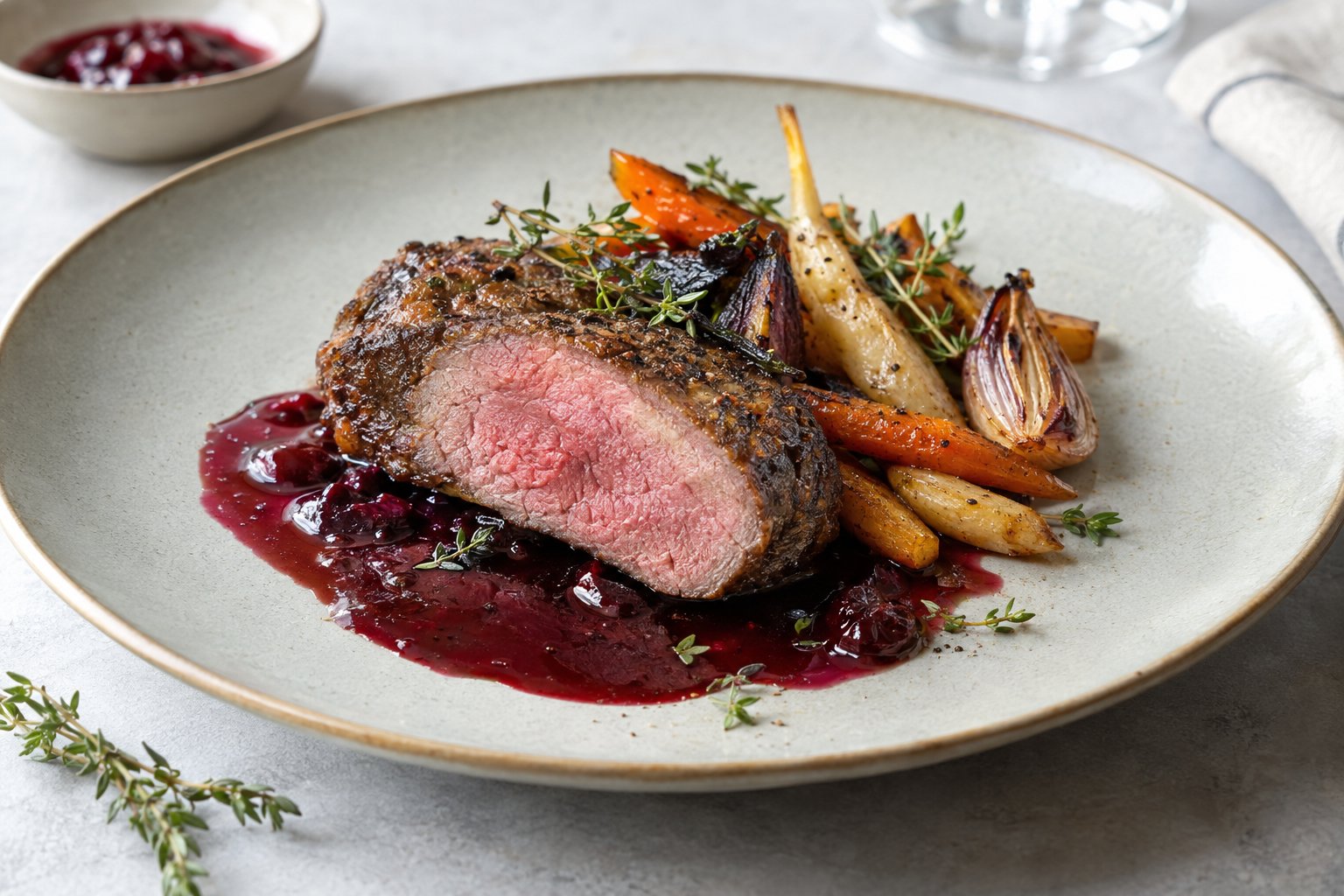Sous-vide-vildsvin med sås och rostade rotfrukter på en tallrik.